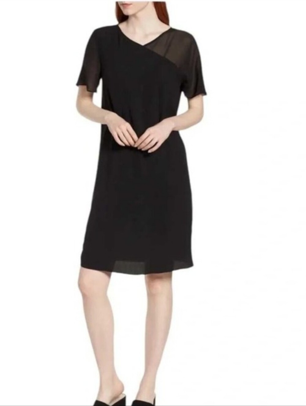 Eileen Fisher Black 100% Silk Shift Dress with V-Neck And Asymetrical Mesh